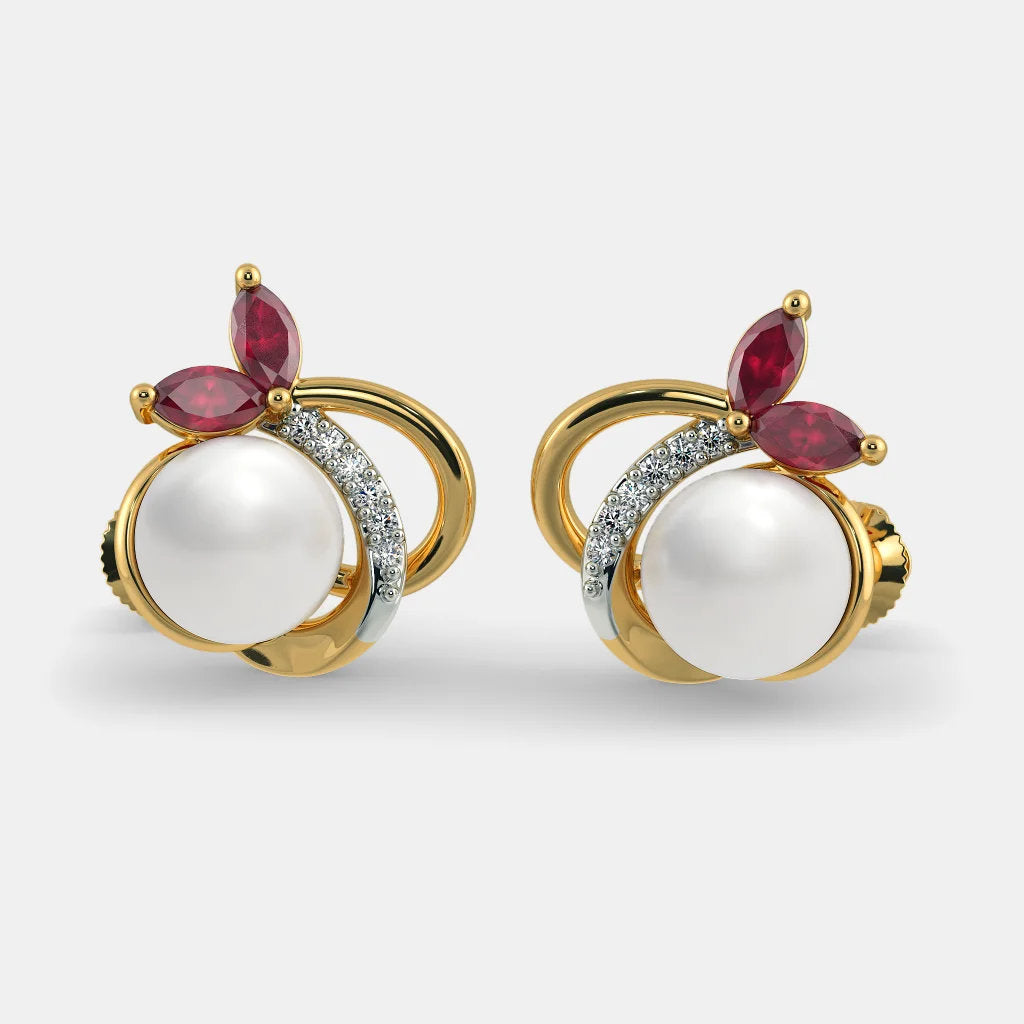 "Radiant Gemstone Stud Earrings: Ruby, Pearl, and Zircon"