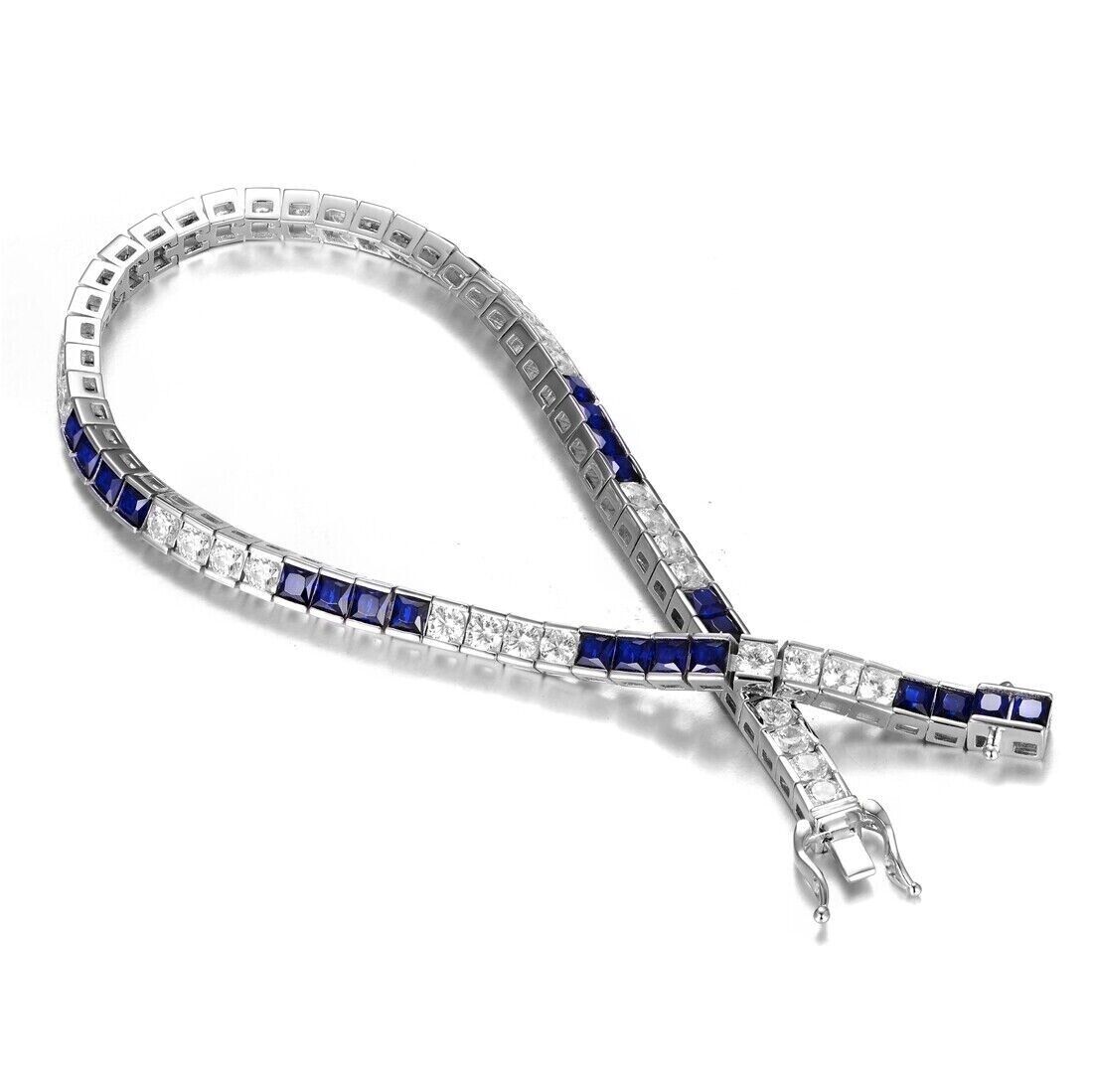 "Azure Dreams: 925 Silver Bracelet with Blue Sapphire and White Zircon"