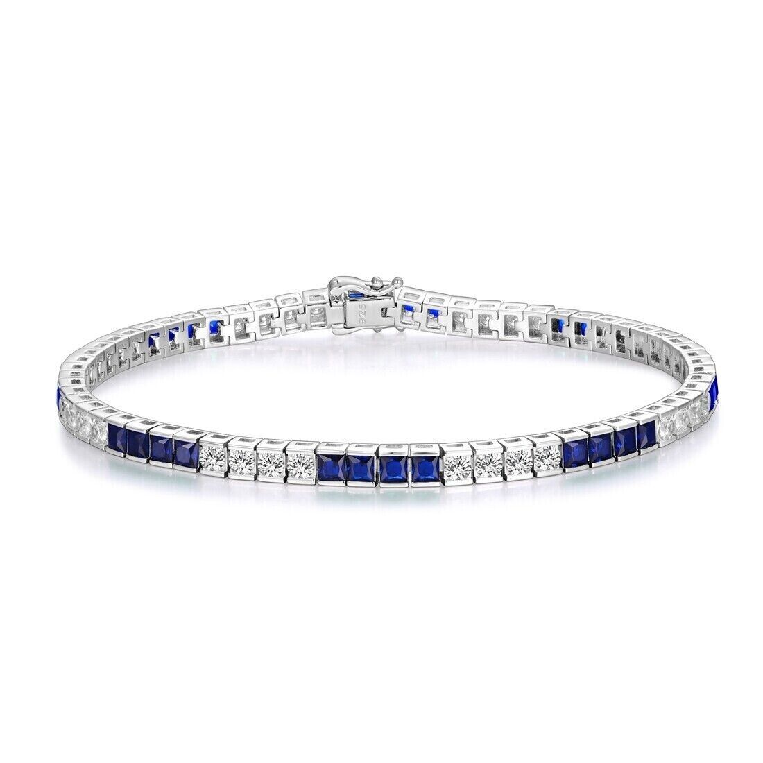 "Azure Dreams: 925 Silver Bracelet with Blue Sapphire and White Zircon"