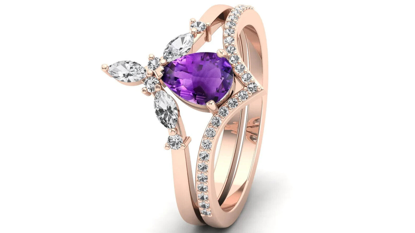 "Trinity of Elegance: Zircon, Amethyst, and Moissanite Stone Ring"